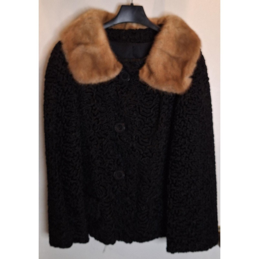 Vintage Astrakin Lepshire Faux Persian Lamb Coat Mink Fur Collar ILGWU‎ Black Lg